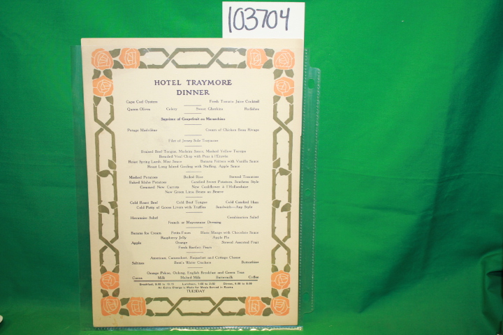 Hotel Traymore: Atlantic City Hotel Traymore Dinner Menu Tuesday 1935