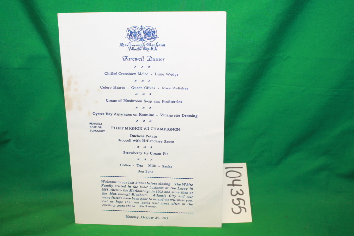 Marlborough-Blenheim: Marlborough-Blenheim Farewell Dinner Menu