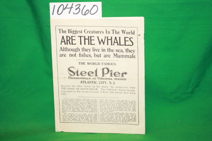 Steel Pier: Steel Pier Pamphlet on Whale Exhibit, ATLANTIC CITY, NJ