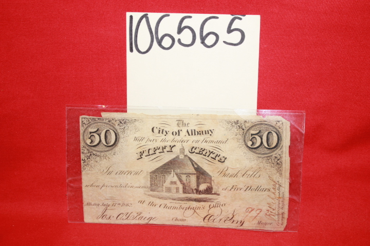 City of Albany: Bank Bill note 50 Cents Obsolete Civil War Era