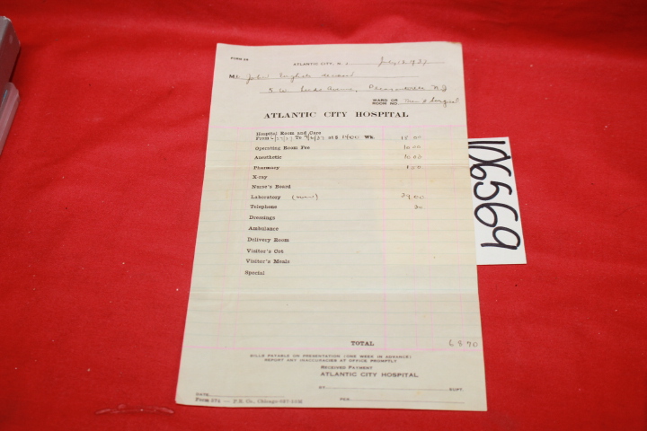 John English: Atlantic City Hospital Receipt for John English
