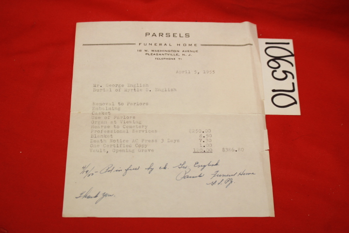 Parsels: Parsels Funeral Home Burial of Myrtle S. English Receipt