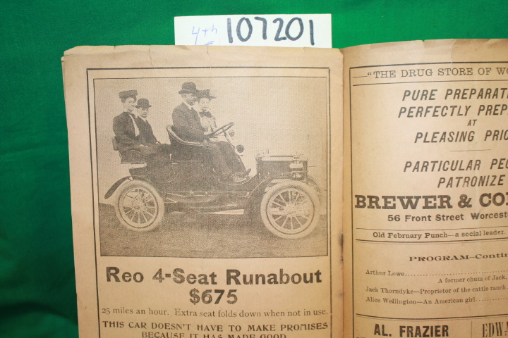 Hurley;: Programme for Week Commencing May 20, 1907 Booklet Reo 4 Seat Runabout