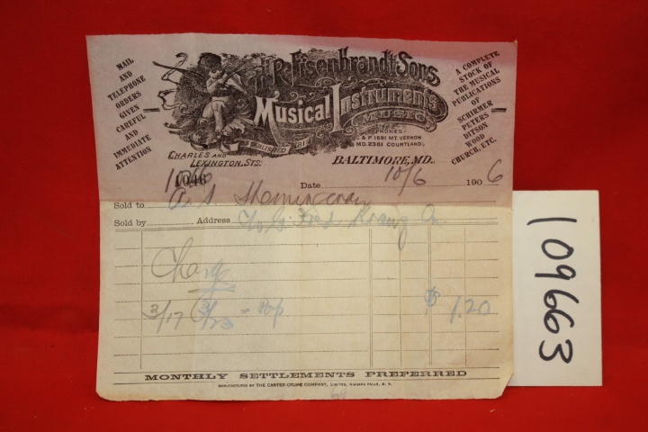 EISENBRANDT, H. R.: H. R. EISENBRANDT SONS MUSICAL INSTRUMENTS RECEIPT BALTIM...