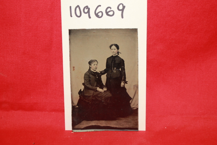 TIN TYPE PHOTOGRAPH OF 2 WOMEN: TIN TYPE PHOTOGRAPH OF 2 WOMEN LONG BLACK DRE...