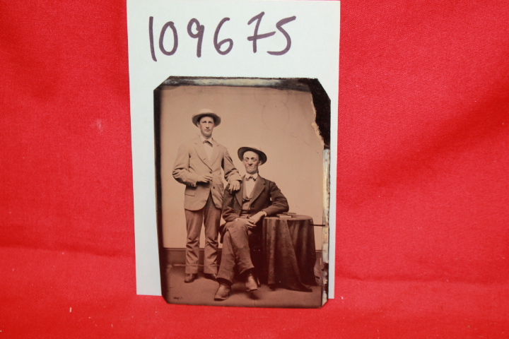 HATS, MAN   SMOKING, MAN SITTING: TIN TYPE PHOTOGRAPH OF 2 MEN