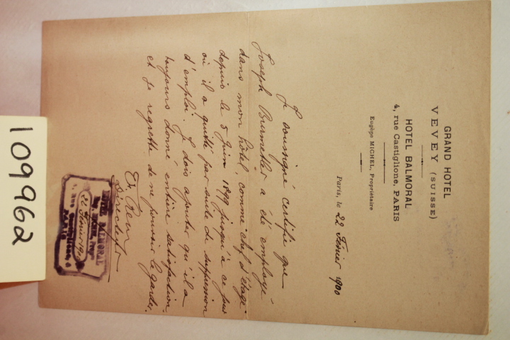 BURMETLER, JOSEPH: HANDWRITTEN LETTER FROM HOTEL BALMORAL REGARDING JOSEPH BU...