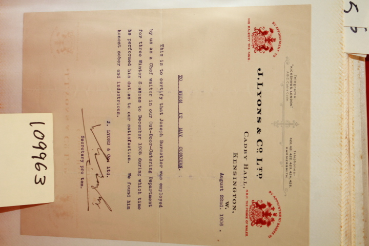 BURMETLER, JOSEPH: TELEGRAM FROM J. LYONS & CO. LTD. REGARDING JOSEPH BURMETL...