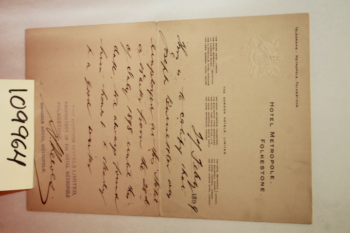 BURMETLER, JOSEPH: TELEGRAM FROM HOTEL METROPOLE REGARDING JOSEPH BURMETLER'S...