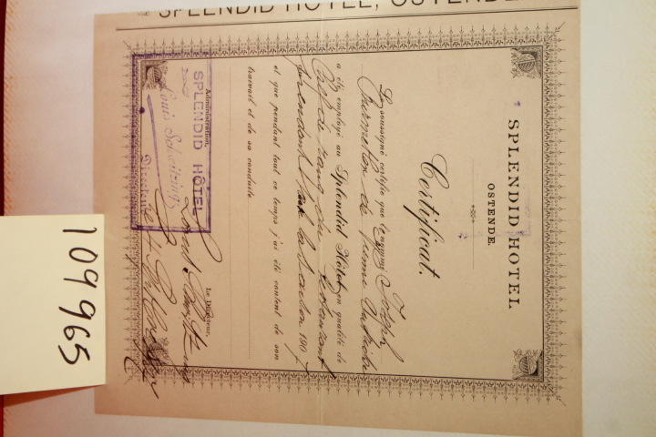 BURMETLER, JOSEPH: CERTIFICATE FROM SPLENDID HOTEL REGARDING JOSEPH BURMETLER...