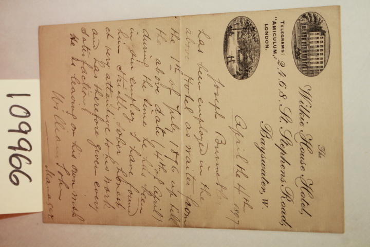 BURMETLER, JOSEPH: TELEGRAM FROM WILKIE HOUSE HOTEL REGARDING JOSEPH BURMETLE...