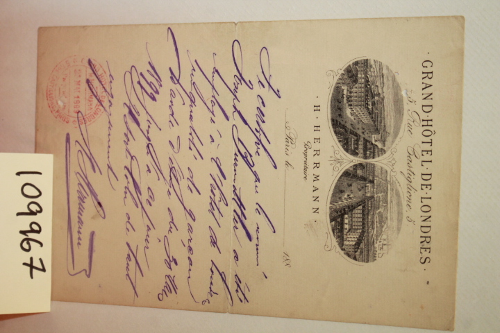 BURMETLER, JOSEPH: HANDWRITTEN LETTER FROM THE GRAND HOTEL DE LONDRES REGARDI...