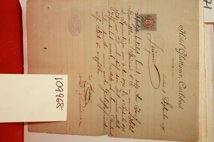 BURMETLER, JOSEPH: LETTER FROM THE HOTEL GLATTAUER REGARDING JOSEPH BURMETLER...