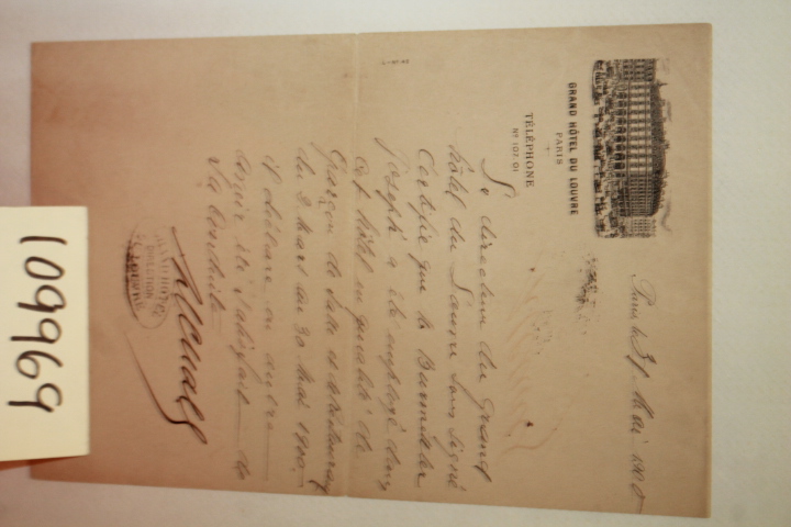 BURMETLER, JOSEPH: LETTER FROM THE GRAND HOTEL DU LOUVRE REGARDING JOSEPH BUR...