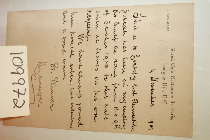 BURMETLER, JOSEPH: LETTER FROM THE GRAND CAFE RESTAURANT DE PARIS REGARDING J...