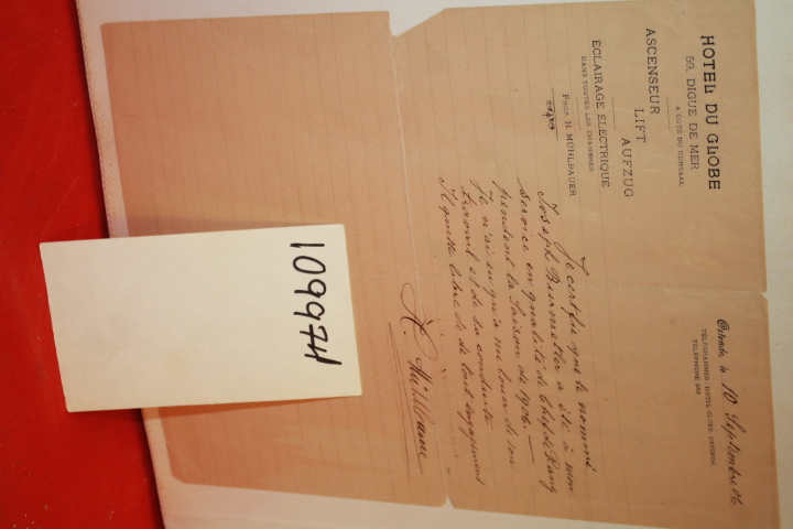 BURMETLER, JOSEPH: LETTER FROM THE HOTEL DU GLOBE REGARDING JOSEPH BURMETLER'...