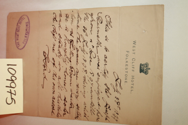 BURMETLER, JOSEPH: LETTER FROM THE WEST CLIFF HOTEL REGARDING JOSEPH BURMETLE...