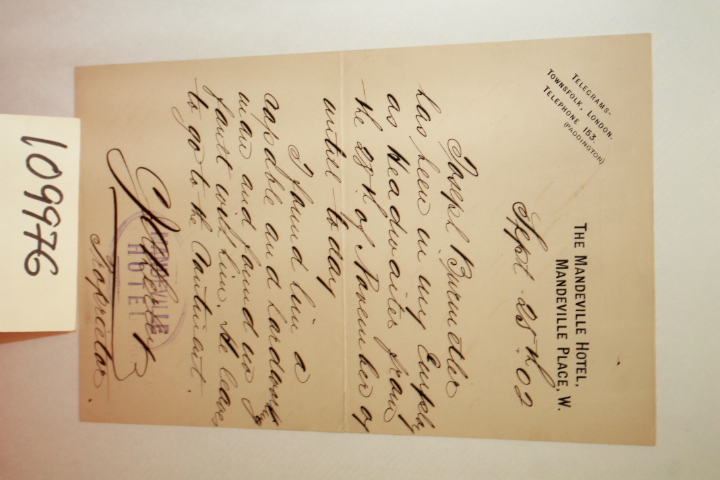 BURMETLER, JOSEPH: LETTER FROM THE MANDEVILLE HOTEL, MANDEVILLE PLACE LONDON ...