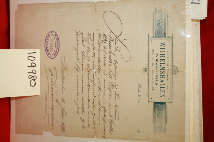 BURMETLER, JOSEPH: LETTER FROM THE GRAND RESTAURANT WILHELMSHALLEN F. DIWISCH...