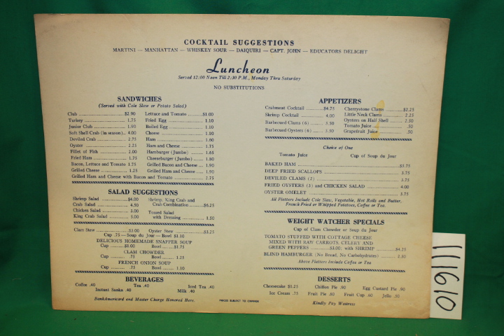 Captain Starn: Captain Starn's Inlet Restaurant Luncheon Menu