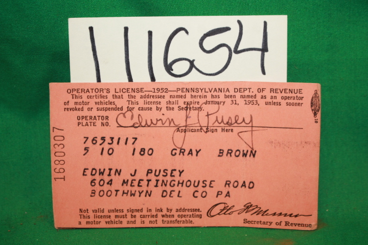 Edwin J. Pusey: Operator's License Pennsylvania Dept. of Revenue 1952